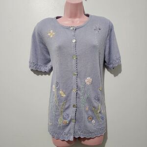 Alfred Dunner - Sweater Cardigan Button Embroidered Floral - Size S - Purple